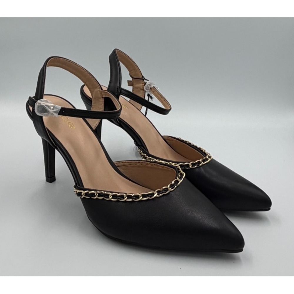Bebe Womens Size 9 Black Pointed Toe Stiletto Pumps Gold Chain BBHWW0197